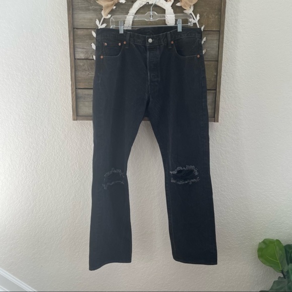 Levi’s 501 black wash distressed button fly denim size 36‎ x 32